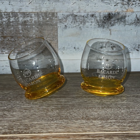 Bacardi Limon Round Bottom Set of Two Slant Top Gold Glasses - Picture 1 of 11